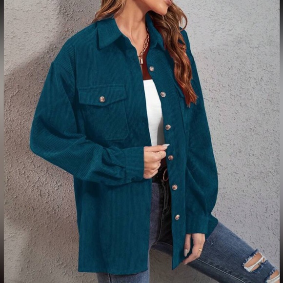 Boho dusty blue button down corduroy shirt - Picture 6 of 16